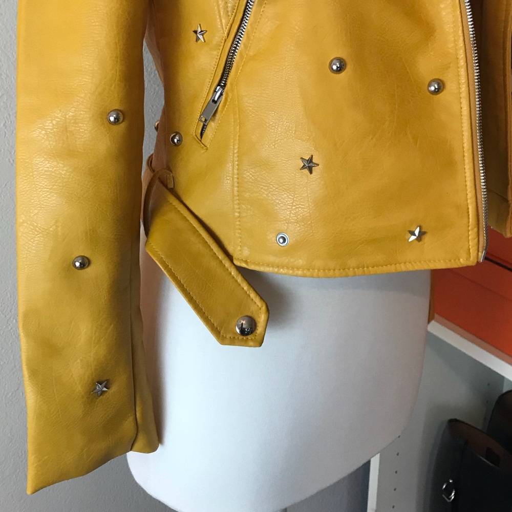 Star Studded Biker Moto Jacket Jaune Vegan Leather - Picture 6 of 8
